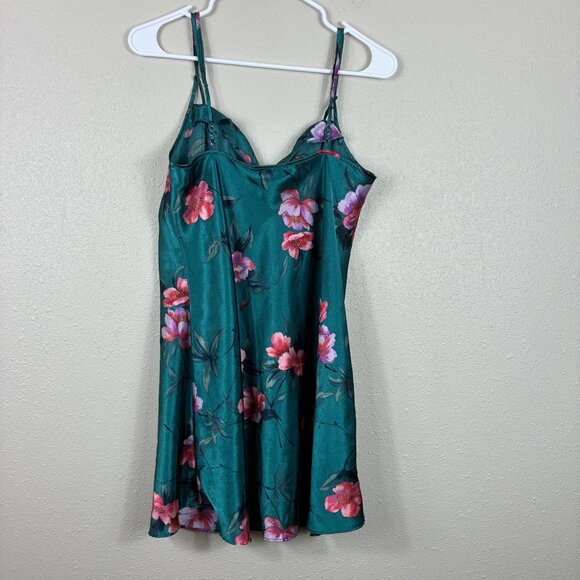 Vintage LA Intimates Sexy Silky Emerald Green Floral Slip Dress Sz Small - Picture 5 of 5